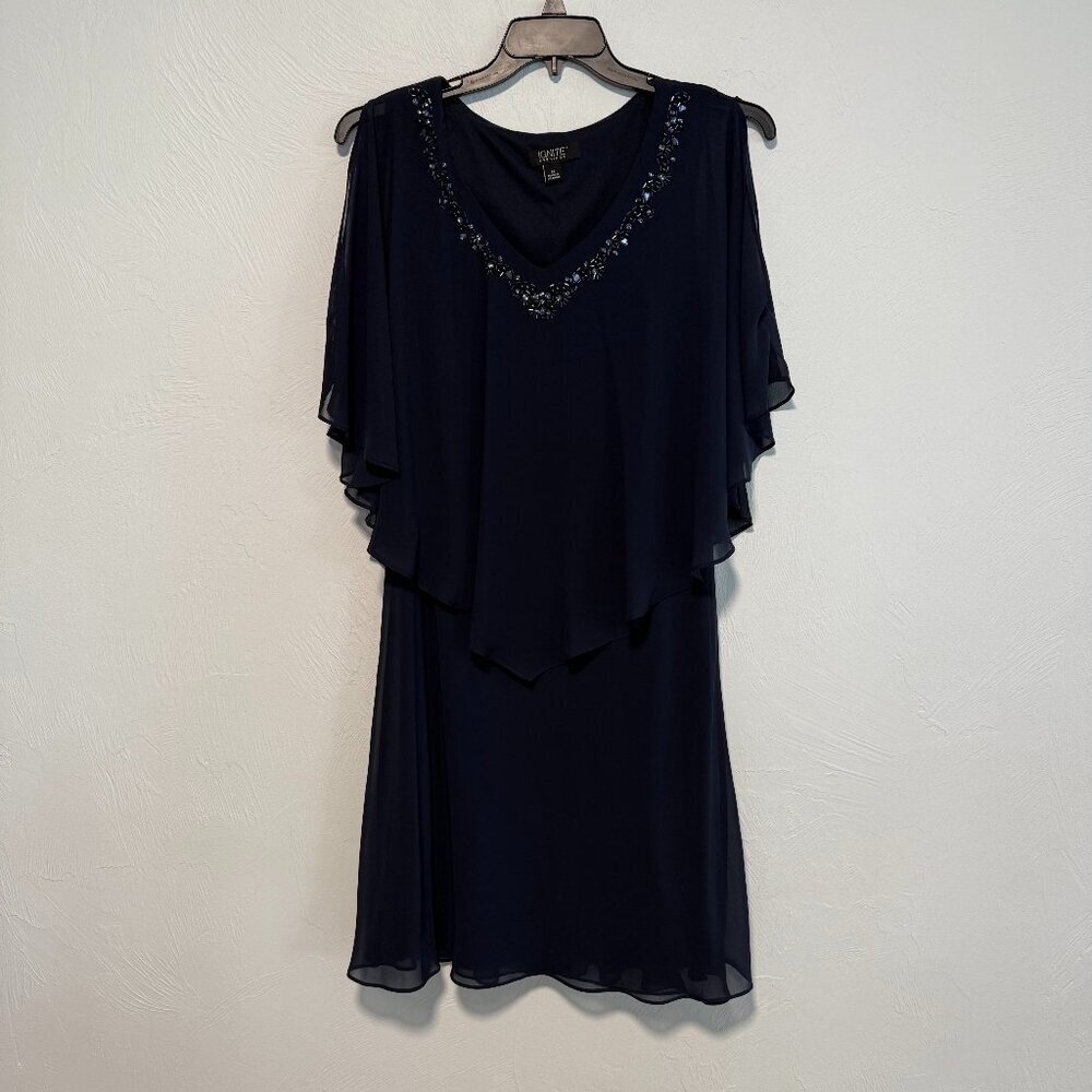 Jeweled V-Neck Chiffon Overlay Flutter Short-Sleeve Navy Blue Shift Dress - Picture 2 of 8